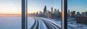 Chicago skyline after a winter snowstorm.