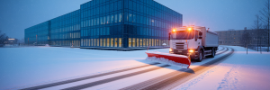 Professional snow plow clearing commercial property